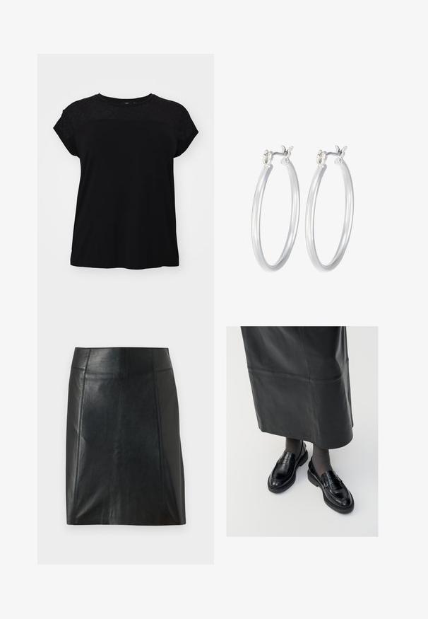 Sort t-shirt med rund halsudskæring og korte ærmer. Toppen har et tekstureret blonder overlay. Stoffet ser blødt og let ud.; Sort lædernederdel med en tætsiddende pasform. Glat tekstur, sømme der fremhæver formen, og en lige kant. Minimalistisk og strømlinet udseende.; Sorte læder loafers med en glat finish, prydet med en dekorativ rem, rund tå og tekstureret sål. Båret med en lang sort læderskirt.; Sølv hoop øreringe med en glat, poleret overflade. Rund form og sikker klik-lukning. Letvægtsdesign, der er velegnet til hverdagsbrug.