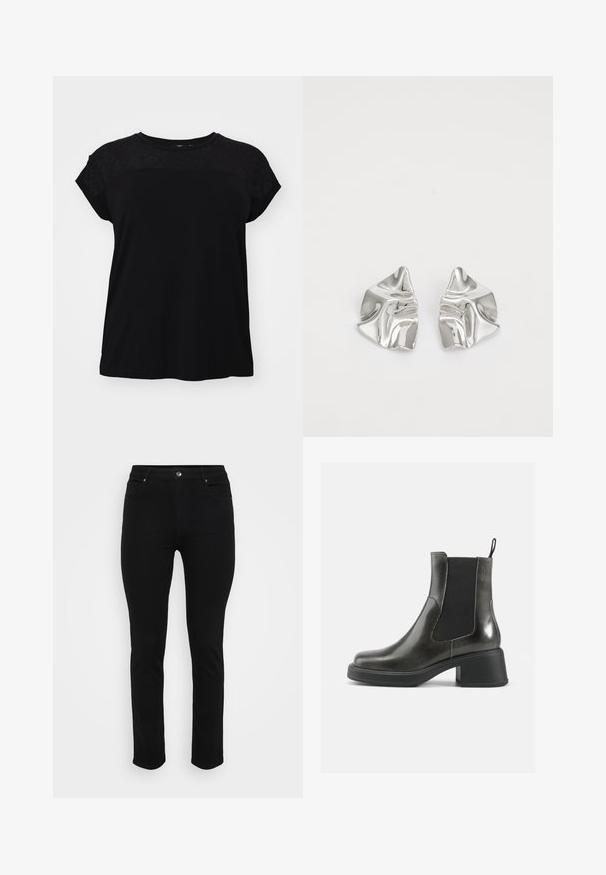 Schwarzes T-Shirt mit rundem Ausschnitt und kurzen Ärmeln. Das Oberteil hat eine texturierte Spitzenauflage. Der Stoff scheint weich und leicht zu sein.; Schwarze Jeans aus Denim mit schlanker Passform, Fünf-Taschen-Design, vorderer Knopfverschluss und leichtem Stretch für Komfort. Flache, glatte Textur mit minimalen Details.; Schwarze Leder-Ankle-Boots mit glatter Oberfläche, elastischen Seitenpanelen und einem massiven Absatz. Sie verfügen über eine Zugschlaufe für einfaches Anziehen.; Silberne Metallohrringe mit einem wellenförmigen, skulpturalen Design, das eine polierte Oberfläche und unregelmäßige Formen aufweist, die eine zeitgenössische Ästhetik betonen.