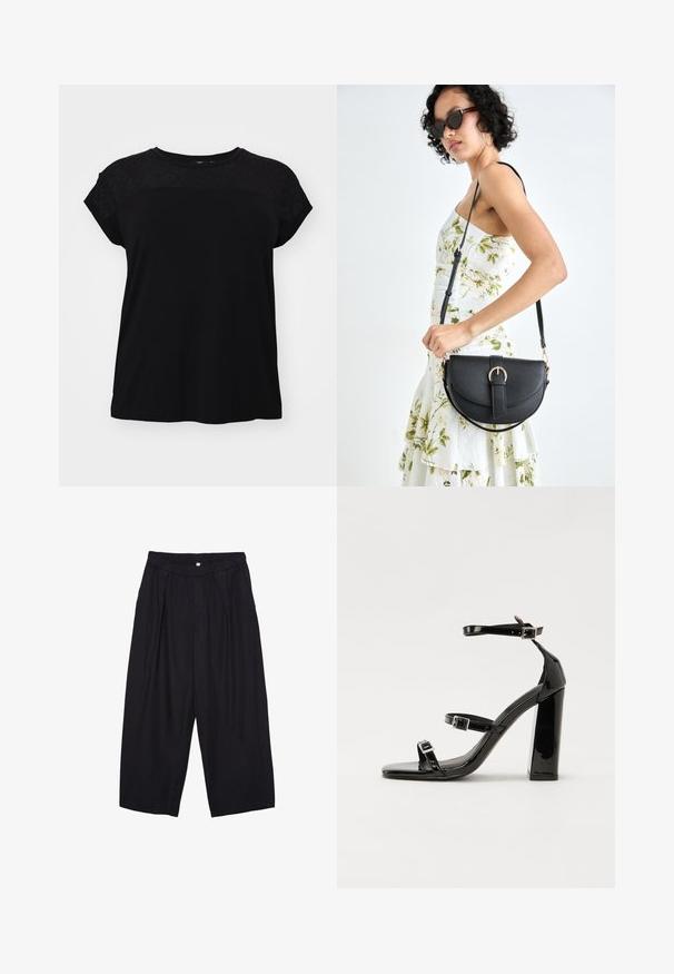 T-shirt nera con scollatura rotonda e maniche corte. Il top presenta una sovrapposizione di pizzo testurizzato. Il tessuto sembra morbido e leggero.; Pantaloni culotte neri in poliestere con una cintura elastica, due pieghe frontali e una silhouette ampia. Nessun motivo visibile o dettagli in metallo.; Sandali con tacco in vernice nera, con punta squadrata, cinturini alla caviglia e fibbie in argento. Presentano un tacco a blocco spesso per maggiore stabilità.; Borsa a tracolla nera in pelle con una forma curva, manico rimovibile e accessori dorati. La borsa presenta una patta con un dettaglio a fibbia.