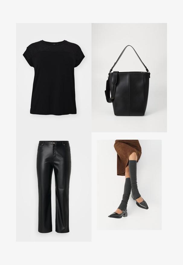 Black t-shirt with a round neckline and short sleeves. Top features a textured lace overlay. Fabric appears soft and lightweight.; Black faux leather pants with a straight cut, featuring belt loops, front pockets, and a zip fly with a button closure. Smooth texture.; Black patent leather pointed-toe shoes with a block heel and ankle strap, paired with gray ribbed leg warmers and a brown suede skirt.; Black leather bucket bag with smooth texture, two carrying straps, and contrasting vertical stitching detail on the front.