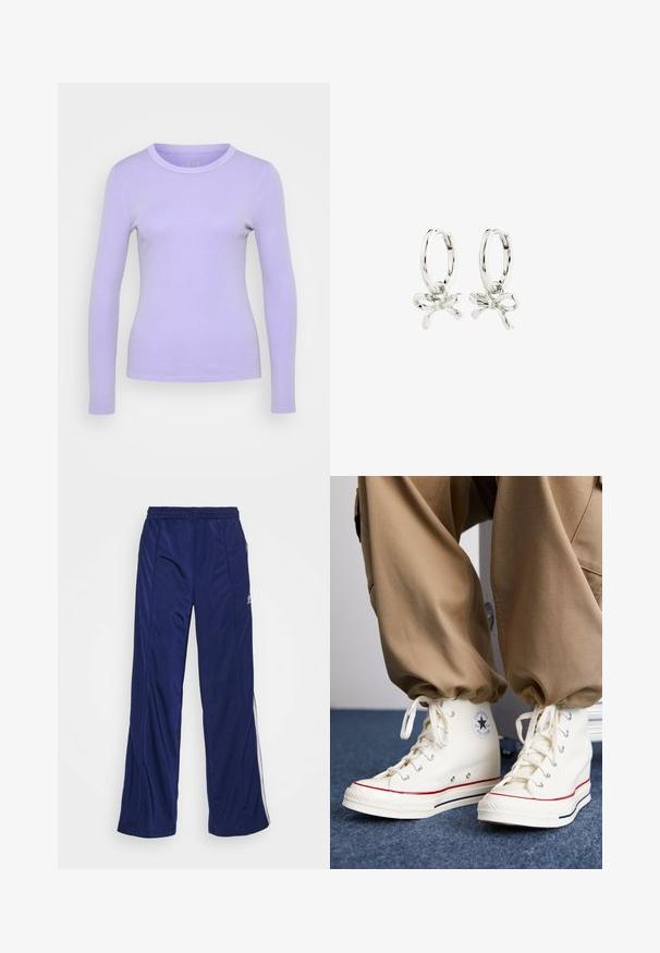 GAP Petite ESSENTIAL - Langarmshirt - warm violet; Marineblaue Sporthose mit elastischem Bund, geraden Beinen und seitlichen Reißverschlüssen. Mit weißen Paspeln an den Seiten. Glatte Stoffstruktur.; Weisse hohe Sneaker aus Canvas mit Gummisohle, ausgestattet mit einem schwarzen Sternlogo und roten sowie navyblauen Streifenakzenten.; Silberne Creolen mit einem Schleifen-Design, einer glatten Oberfläche und einer polierten Textur. Kompakter, minimalistischer Stil, geeignet für verschiedene Anlässe.