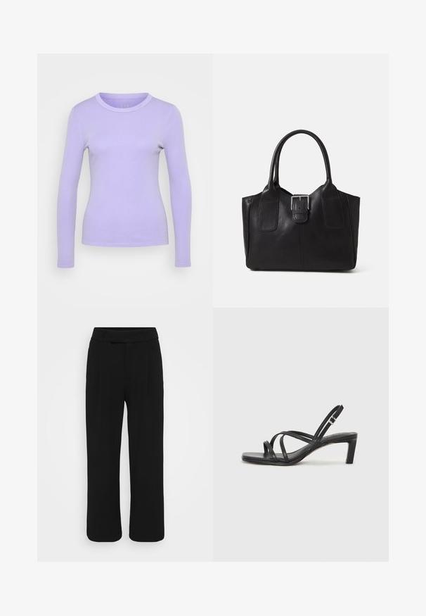GAP Petite ESSENTIAL - Hosszú ujjú felső - warm violet; Fekete, bőszárú nadrág sima anyagból, lapos elülső résszel, övhurkokkal és látható zsebek nélkül. Tiszta, igényesen szabott dizájn.; Fekete pántos szandál négyzetes orral és alacsony blokk sarkal. Több vékony pánttal és állítható boka pánttal rendelkezik. Sima bőrből készült.; Fekete bőr bevásárlótáska sima textúrával, strukturált formával, két fogantyúval és egy figyelemfelkeltő ezüst csattal az elején.