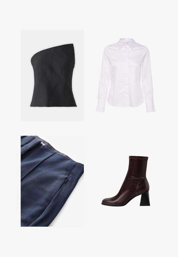 Črna top z enim ramenom z oprijetim dizajnom, strukturirano obliko, gladko teksturo in navpičnimi šivi na telesu. Zadrga na hrbtu.; Bela srajca z dolgimi rokavi, ki ima klasičen ovratnik, gumbasto zapenjanje spredaj in ravno rob. Narejena je iz gladkega materiala in ima enostaven dizajn.; Temno modri hlače iz teksturirane tkanine, ki imajo stransko žep z zadrgo in naborke na pasu.; Stradivarius BLOCK - Klasični gležnjarji - dark red
