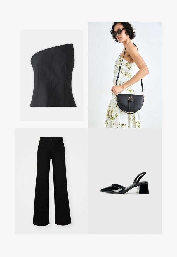 Musta olkaimeton toppi, jossa on muotoon leikattu malli, jämäkkä muoto, sileä pinta ja pystysuorat saumat bodice-osassa. Vetoketjukiinnitys takana.; Musta leveälahkeinen farkkupanta, jossa on rakenteellinen vyötärö, vyölenkit ja etutaskut. Sujuva rakenne klassisella muotoilulla.; Mustat patentoitu nahkakengät, joissa on säären takaosa ja terävä kärki, sekä geometrinen palikkakorko. Sisältää tyylikkään, minimalistisen muotoilun ja sileän pinnan.; Musta nahkainen käsilaukku, joka on kaareva muotoilultaan, irrotettavalla hihnalla ja kultaisilla yksityiskohdilla. Laukussa on läppä, jossa on solk yksityiskohta.