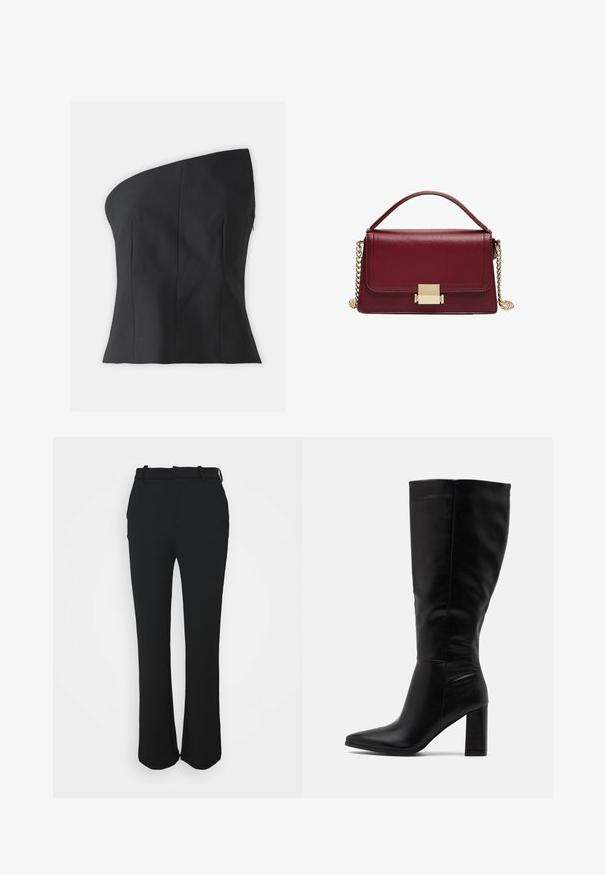 Crna top majica s jednim ramenom, prilagođenog dizajna, strukturirane forme, glatke teksture i vertikalnih šavova na tijelu. Patentni zatvarač na leđima.; Crne, krojene hlače s glatkom završnom obradom, ravnog kroja i remenom. Sadrže diskretne šavove i nemaju džepove.; RAID JORDANN - Čizme s visokom petom - black; Bordo kožna torba s strukturiranim dizajnom, zlatnim metalnim kopčanjem i odvojivom lančanom naramenicom. Glatka tekstura i pravokutni oblik.