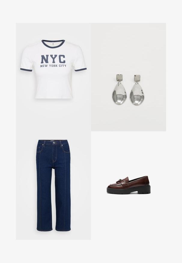 Biele skrátené tričko s tmavomodrým rebrovaným golierom a rukávmi, s výrazným nápisom "NYC" a "NEW YORK CITY" potlačeným tmavomodrou farbou.; Tmavomodré rovné džínsy so zapínaním na gombík, prednými a zadnými vreckami a viditeľným oranžovým prešívaním pozdĺž švov.; Hnedý kožený loafor s elegantným dizajnom, kontrastnou čiernou platformou a dekoratívnymi strapcami na náprsenke. Hladká textúra.; Strieborné visACIE náušnice so štvorcovým študom, s hladkým, lešteným povrchom a tvarom kvapky, odrážajúce svetlo s lesklým povrchom.