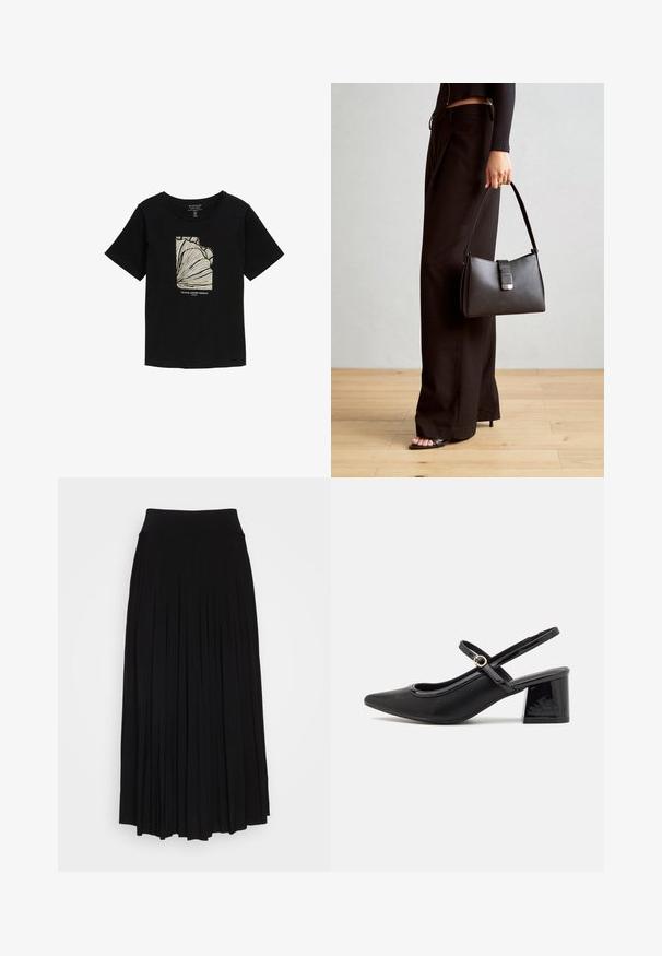 Juoda trumpa rankovėmis marškinėliai su apvaliu kaklu, viduryje su kreminiu abstrakčiu grafiniu piešiniu ir tekstu "Tropinė Vasaros Pasaulyje".; Juodas plisuotas sijonas su aukštu, tampri juosta. Pagamintas iš minkštos medžiagos, turi vertikalias plisėles, sukuriantis laisvą siluetą.; Juodi patentinio odos slingback aukštakulniai su smailiu pirštu, apvaliu išpjovimu ir blokiniu kulnu. Papuošti auksiniu juostos akcentu.; Juodas rankinė struktūrizuota forma, lygi tekstūra ir metalinis užsegimas. Suporuota su plačiomis juodomis kelnėmis ir atvirais bateliais ant medinių grindų.