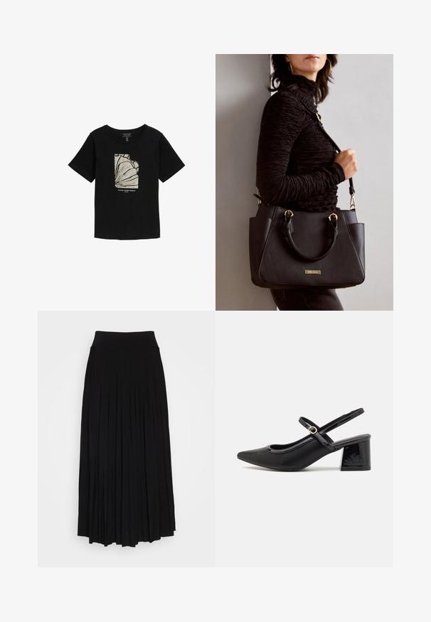 Crna majica kratkih rukava s okruglim izrezom, koja u središtu sadrži apstraktnu krem boje grafiku i tekst "Tropski Ljetni Raj".; Crna plisirana suknja s visokim, rastezljivim pojasom. Izrađena od mekog materijala, s vertikalnim plisama koje stvaraju lepršav siluetu.; Crne lakirane slingback visoke potpetice s šiljastim vrhom, zaobljenim izrezom i blok potpeticom. Sadrži akcent zlatnog tona s kopčom.; Crna torba s teksturiranom površinom, dvostrukim gornjim ručkama i podesivom remenom za rame. Ima zlatne metalne detalje i bočne džepove.