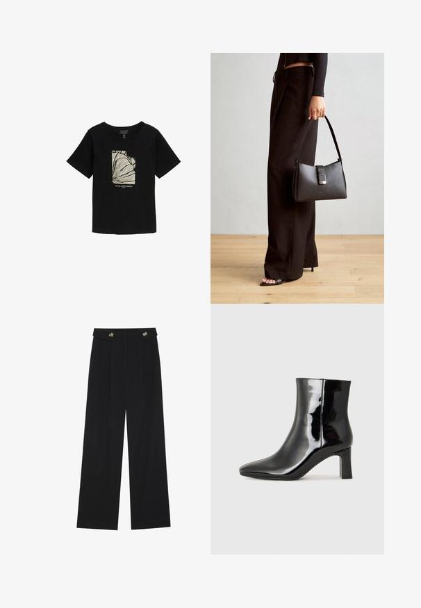 Melna īsās piedurknes T-kreklu ar apaļu kakla izgriezumu, centrā ar krēmkrāsas abstraktu grafiku un tekstu "Tropu vasaras paradīze".; Melnas platās bikses ar augstu jostasvietu, pogu detaļām uz jostas un priekšējām krokām.; Melnas patentētas ādas potīšu zābaki ar norādītu pirkstu un vidēja augstuma kvadrātveida papēdi. Gluda tekstūra un minimālisma dizains.; Melnā somiņa ar strukturētu formu, gludu tekstūru un metālu sprādzi. Saskaņota ar platām melnām biksēm un sandālēm ar atvērtu purngalu uz koka grīdas.