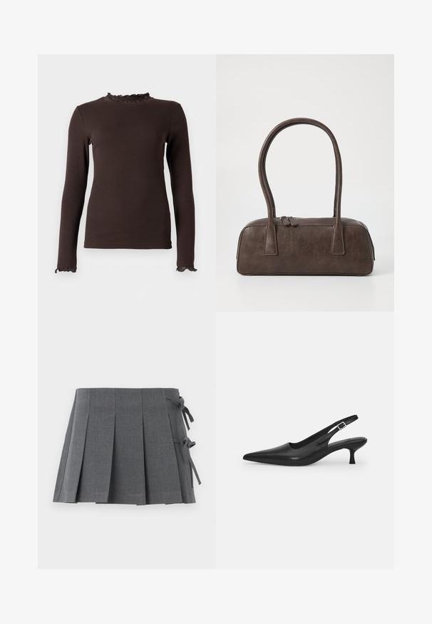 Hnědý dlouhý rukáv top vyrobený z žebrované látky, s volánkovým výstřihem a manžetami. Design je přiléhavý s hladkou texturou.; Šedá skladaná sukně s pasem na zavazování, vyrobená z texturované tkaniny, s čistým střihem a bez viditelného kovového zapínání.; Černá kožená nazouvací bota se špičatou špičkou a štíhlým zakřiveným podpatkem. Obsahuje diskrétní nastavitelný pásek s kovovou sponou.; Hnědá kožená kabelka s dvěma pevnými uchy, obdélníkový tvar, hladká textura a zipové zavírání. Minimalistický design bez viditelných vzorů.