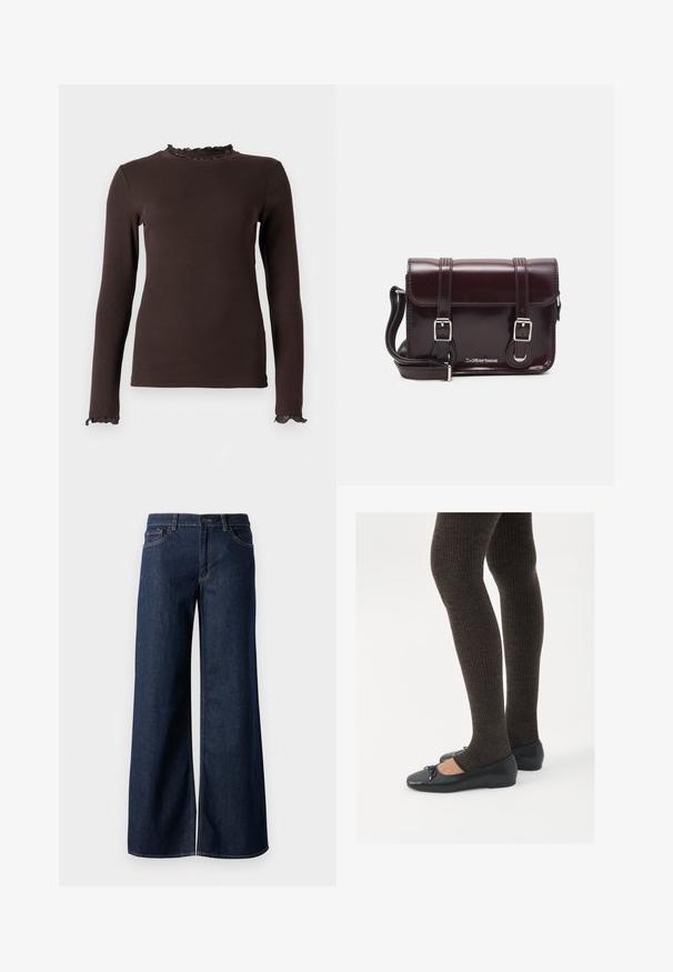 Ruda ilga rankovė viršutinė dalis, pagaminta iš raukšlėtos medžiagos, puošta ruffles apykakle ir rankogaliais. Dizainas yra prilipęs, su glotnia tekstūra.; Plati kojinės džinsai tamsiai mėlynos džinsinės medžiagos. Yra kontrastingas siuvimo ornamentas, penkios kišenės ir užsegimas mygtuku juosmenyje. Lygus paviršius.; Juodos plokščios bateliai su maža kaspinėlio detale prie pirštų, derinami su tamsiai rudos spalvos raukšlėtomis pėdkelnėmis. Bateliai turi lygų paviršių ir žemą profilį.; Bordo lakinės odos krepšys per petį, stačiakampio formos, su dviem diržais, sidabrinėmis detalėmis ir užtraukiama kiautu.