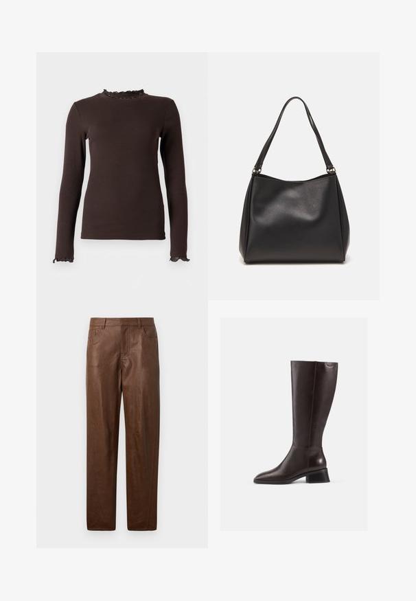 Ruda ilga rankovė viršutinė dalis, pagaminta iš raukšlėtos medžiagos, puošta ruffles apykakle ir rankogaliais. Dizainas yra prilipęs, su glotnia tekstūra.; Rudos odinės kelnės su glotnia tekstūra, tiesaus kirpimo dizainu ir dviem šoninėmis kišenėmis. Pabrėžti matomi siuvimo detalės.; Knee-high rudos odinės botai su lygiu paviršiumi, apvaliu pirštu ir juodu aukštu kulnu. Paprastas dizainas su minimaliais detalėmis.; Juodas sintetinis odos rankinukas su minkšta tekstūra, hobo formos ir dviem petnešomis; turi blizgų paviršių ir minimalistinį dizainą.