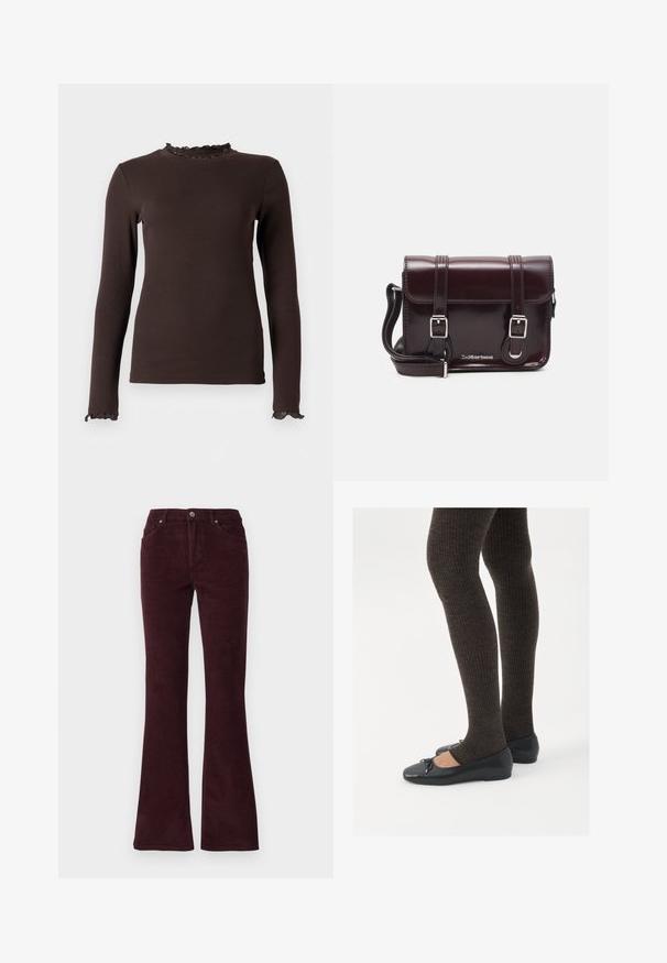 Braunes Langarmoberteil aus geripptem Stoff, mit einem Rüschenausschnitt und Rüschen an den Manschetten. Das Design ist figurbetont und hat eine glatte Textur.; Burgunderfarbene Corduroy-Hosenträger mit glatter Textur, fünf Taschen und Metallknopfverschluss am Bund.; Schwarze flache Schuhe mit einem kleinen Schleifendetail an der Zehe, kombiniert mit dunkelbraunen gerippten Strumpfhosen. Die Schuhe haben eine glatte Textur und ein niedriges Profil.; Burgunderfarbene Patelleder-Crossbody-Tasche mit rechteckiger Form, zwei Riemen, silberfarbener Hardware und einem Klappenverschluss.