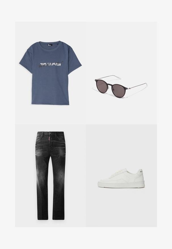 Korte mouwen blauwe katoenen T-shirt met een ronde halslijn, voorzien van een witte en zwarte tekstafdruk aan de voorkant in een casual stijl.; Zwarte denim jeans met een rechte pasvorm. Beschikt over vervaagde gebieden, lichte slijtage, klassiek vijf-pocket ontwerp en een knoopsluiting.; Witte leren sneaker met een gladde afwerking, ronde neus, platte veters en een gestructureerde zool. Kenmerkt zich door een subtiel logo op de hiel.; Zwarte ronde zonnebril met donkere lenzen en slanke metalen armen. Inclusief heldere tempelpunten en zilveren accenten bij de scharnier. Minimalistisch ontwerp.
