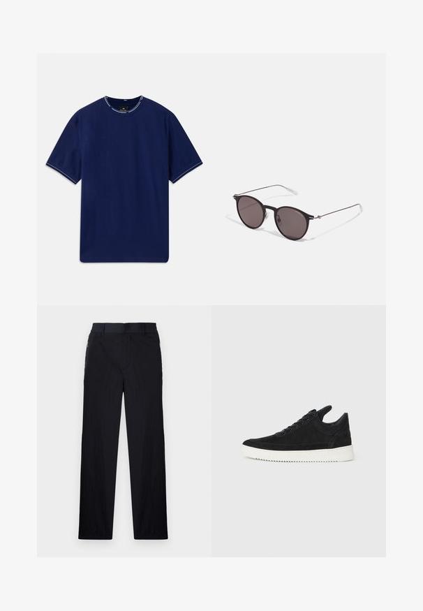 Tricou din bumbac de culoare bleumarin, cu mâneci scurte, guler rotund, având un accent de cusătură albă la guler și la tivurile mânecilor. Textură netedă.; Pantaloni negri dintr-un material ușor, texturat, cu croială drept pentru picioare, talie elastică și buzunare laterale cu fermoar.; Sneakers negre din suede cu o talpă din cauciuc albă, prezentând cusături tonale și un design cu șireturi. Textură netedă cu o formă modernă și aerodinamică.; Ochelari de soare negri rotunzi cu lentile întunecate și brațe metalice subțiri. Include vârfuri transparente pentru brate și accente argintii la balama. Design minimalist.