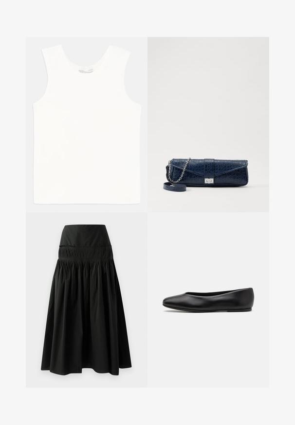 White sleeveless tank top made of ribbed fabric, featuring a crew neck and straight hem. Simple design with no additional embellishments.; Satin camisole in beige with lace detailing at the neckline, featuring thin adjustable straps and a smooth, glossy texture.; Black knee-length skirt made of smooth fabric, featuring a fitted waistband and gathered design for fullness.; Paul Smith TOPANGA - Ballet pumps - black; Navy blue leather clutch with a crocodile texture, silver chain strap, and metallic clasp. Rectangular shape with foldover design.