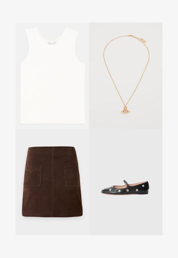 Canottiera bianca senza maniche in tessuto a coste, con scollo rotondo e orlo dritto. Design semplice senza ulteriori decorazioni.; Gonna in suede marrone con una classica forma a campana, due tasche frontali con alette arrotondate e dettagli di cucitura sottili.; Scarpa flat nera in pelle tipo Mary Jane con punta arrotondata, caratterizzata da borchie circolari argentate e una fascia regolabile con fibbia.; Collana in oro presenta un ciondolo a forma di cuore con una pietra rosa e un design geometrico, arricchito da piccoli dettagli trasparenti.