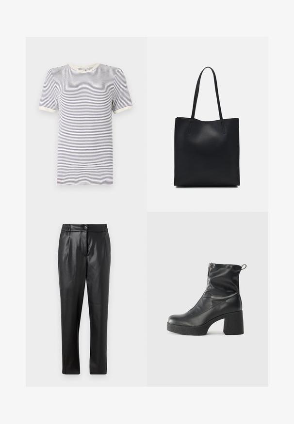 Striped T-shirt in white and navy, short sleeves, crew neckline, features contrasting collar and sleeve hems. Soft cotton material.; Black leather pants with a smooth texture, straight fit, elastic waistband, and a front button closure; pleated detailing and tapered legs.; Black ankle boots made of smooth leather, featuring a side zipper, chunky textured heel, and rounded toe design.; Black leather tote bag with smooth texture, rectangular shape, and two long handles. No visible hardware or embellishments.