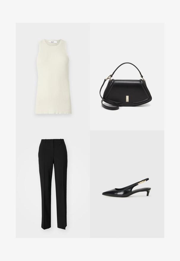 Light beige sleeveless top made from ribbed fabric, featuring a crew neckline and a straight cut, with minimal seams and no embellishments.; Black tailored trousers with a straight-leg design, featuring a smooth texture and crisp creases along the front. No visible hardware.; Black leather slingback heels with a pointed toe, featuring a slim heel and a gold-tone accent on the adjustable strap. Smooth texture.; Black leather handbag with a structured design, featuring a cropped shape, top handle, and gold hardware accent. Adjustable shoulder strap included.
