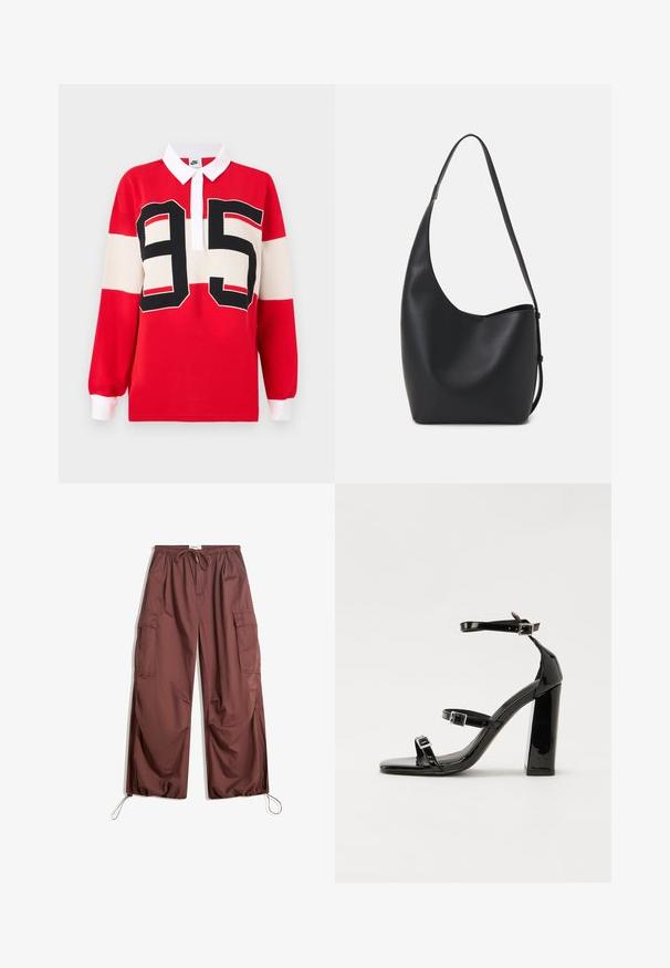 Czerwona polo z długim rękawem z białym kołnierzykiem i wyraźnym czarno-białym wzorem "95" na przodzie. Tkanina z mieszanki bawełny o gładkim wykończeniu.; Szerokie brązowe spodnie cargo z elastycznym paskiem w talii, sznureczkiem do regulacji, dużymi kieszeniami bocznymi oraz regulowanymi sznureczkami przy kostkach.; Czarne lakierowane sandały na obcasie z kwadratowym noskiem, z paskami wokół kostki i srebrnymi klamrami. Posiadają masywny słupek dla stabilności.; Czarna skórzana torba hobo o gładkiej fakturze, zaokrąglonym kształcie i pojedynczym, regulowanym pasku; posiada szerokie otwarcie na górze.