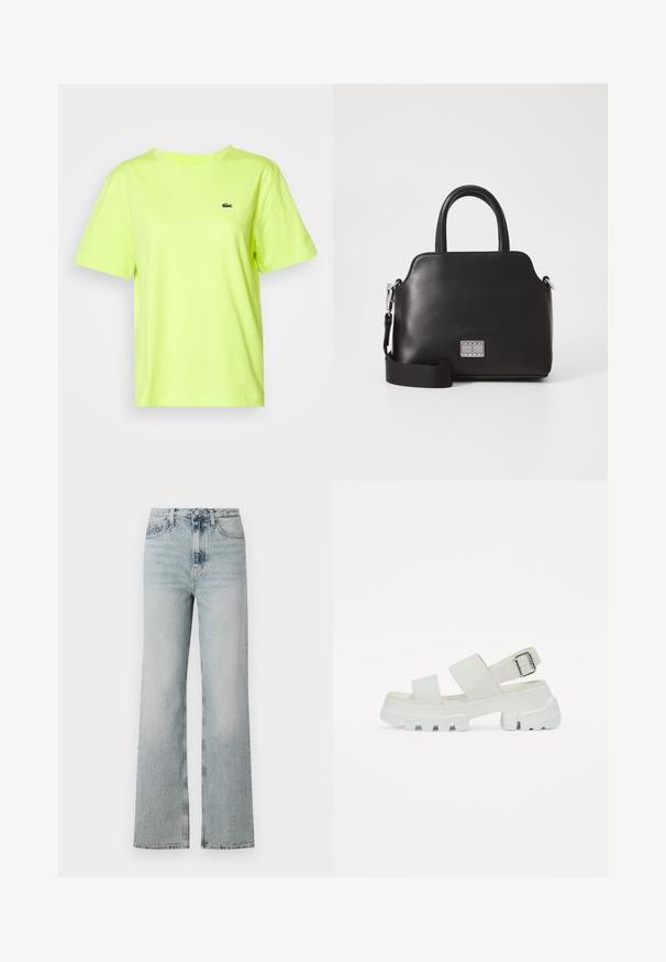 Lacoste Základné tričko - firefly; Vysoké džínsové nohavice svetlomodrej farby s širokým strihom, so piatimi vreckami a jemným vyblednutím na látke.; Biele sandále s masívnou podrážkou, ktoré majú dva široké popruhy a detail s prackou na členkovom popruhu. Hladká textúra, minimalistický dizajn.; Čierna syntetická kabelka s vrchnými uchami, odnímateľným ramenným popruhom, okrúhlym tvarom, hladkou textúrou a strieborným logom na prednej strane.