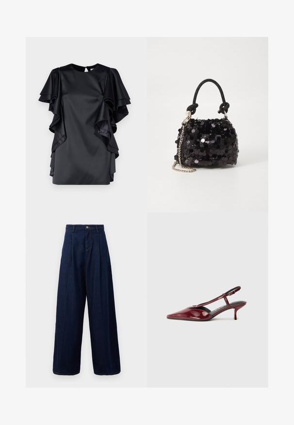 Musta satiini mekko, jossa on kerrokselliset hollantilaiskaulushihat ja pyöreä kaula-aukko. Täydentää avaimenreikäselkäkiinnitys ja sileä pinta.; Tummansiniset farkut, joissa on leveät lahkeet ja korkea vyötärö, pleatattu etuosa sekä klassinen nappisulku. Niissä on sivutaskut ja kontrastiväriset tikkaus.; Kiilakorkoinen slingback-kengät, kiiltävää burgundin väristä nahkaa, kärkiosa terävä, T-mallinen nauhakiinnitys ja hopea solki valkoisella taustalla.; Mustan paljetti-minilaukku, jossa on solmittu teksturoidu hihna ja hopeaketju. Pyöreä muoto, joissa on rypistetty yläosa ja heijastava yksityiskohta.