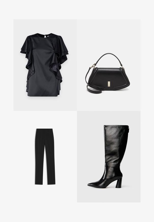 Musta satiini mekko, jossa on kerrokselliset hollantilaiskaulushihat ja pyöreä kaula-aukko. Täydentää avaimenreikäselkäkiinnitys ja sileä pinta.; Mustat räätälöidyt housut suoran lahkeen designilla, joissa on etutaskut ja sileä, teksturoitu kangas. Siistit, minimalistiset yksityiskohdat.; Mustat nahkasaappaat, joissa on terävä kärki, sileä pinta ja paksu korko. Takana on vetoketjuyksityiskohta.; Mustalla nahkalaukulla, jossa on jämäkkä muotoilu, lyhyt malli, yläkahva ja kultaiset yksityiskohdat. Säädettävä olkahihna sisältyy.; Hope hopeista, joissa on sileä, kaareva muotoilu. Varustettu kiiltävällä metallipinnoitteella ja nappikiinnityksellä. Ei näkyviä kuvioita tai koristeluja.