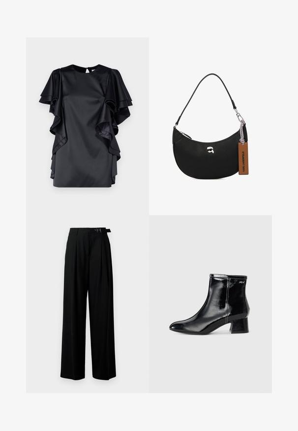 Abito in satin nero con maniche a strati a volant e scollatura rotonda. Presenta una chiusura a chiave sulla schiena e una texture liscia.; Pantaloni neri a gamba larga con vita alta, pieghe nella parte anteriore e una cintura con fibbia. Realizzati in tessuto liscio e leggero.; KARL LAGERFELD BONNIE - Stivaletti - black; Borsa a tracolla nera in pelle con texture martellata, forma curva, chiusura superiore con zip, hardware color argento e un'etichetta marrone. Presenta un accento con logo.