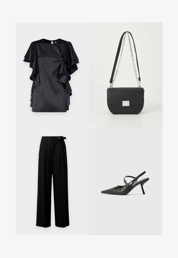 Black satin dress with layered ruffle sleeves and a round neckline. Features a keyhole back closure and a smooth texture.; Black wide-leg trousers with a high waist, pleats at the front, and a belt featuring a buckle. Made from smooth, lightweight fabric.; Black leather slingback heels with a pointed toe, slender heel, and decorative buckle detail on the vamp. Smooth texture and sleek design.; Black leather crossbody bag with a rounded shape, silver chain strap, and a rectangular hardware accent on the front. Smooth texture.