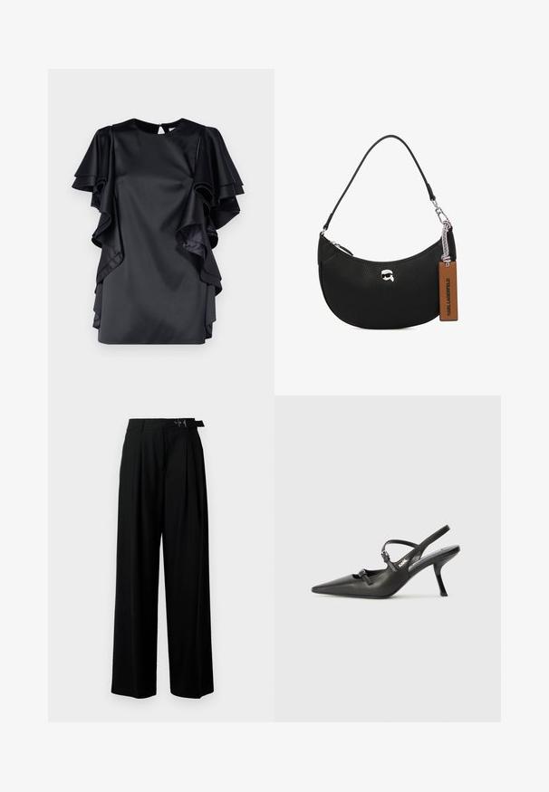 Fekete selyemruha réteges fodros ujjakkal és kerek nyakkivágással. Kulcslyuk hátkivágással rendelkezik, valamint sima textúrája van.; Fekete, bő szárú nadrág magas derékkal, elöl pliszírozva, és csattal ellátott övvel. Simább, könnyű anyagból készült.; Fekete bőrszíjjal ellátott magassarkú cipő, hegyes orral, karcsú sarkával és díszes csattal a vamp részén. Simás textúra és elegáns dizájn.; Fekete bőrtáska, melynek felülete szemcsés, ívelt formájú, felül zippzárral záródik, ezüst színű fémrészletekkel és barna cimkével rendelkezik. Jellemzője a logós díszítés.