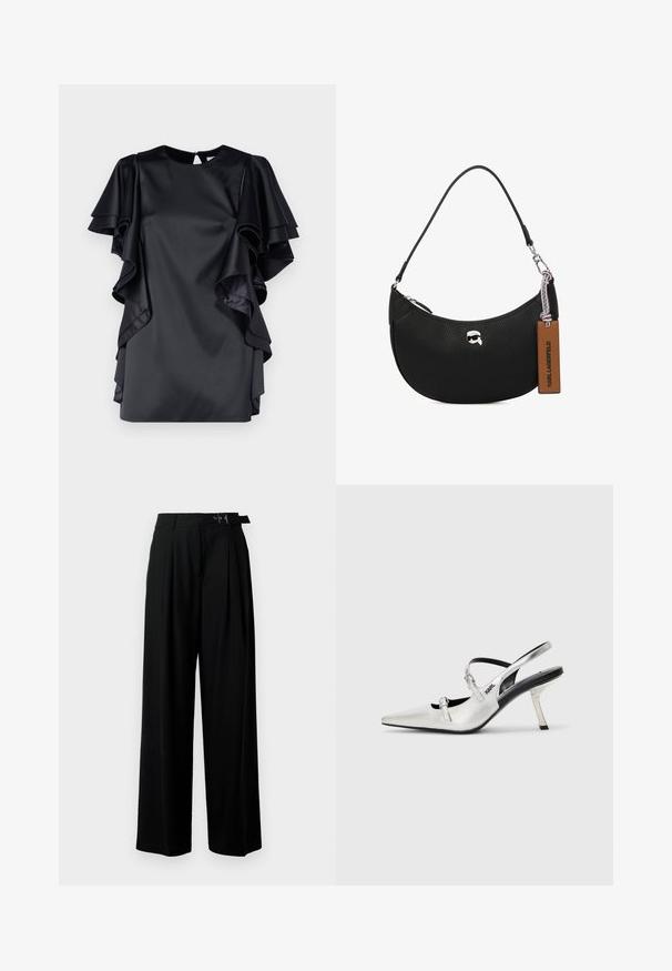 Sort satin kjole med lagdelte volangeærmer og rund halsudskæring. Har en nøglehulslukning på ryggen og en glat tekstur.; Sort vide-bein bukser med høj talje, læg foran og et bælte med spænde. Fremstillet af glat, let materiale.; Sølv slingback højhælede sko med spids tå, der har en glat metalfinish, en slank hæl og dekorative remdetaljer.; Sorte læderhåndtaske med en pebret tekstur, buet form, top lynlåslukning, sølvfarvet hardware og et brunt mærke. Har logoaccent.