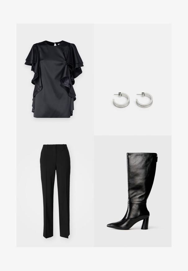 Robe en satin noir avec des manches à volants superposées et un col rond. Dispose d'une fermeture en trou de serrure au dos et d'une texture lisse.; Pantalon noir ajusté avec une coupe droite, présentant une texture lisse et des plis nets sur le devant. Aucune quincaillerie visible.; Botte en cuir noir à hauteur de genoux avec un bout pointu, une texture lisse et un talon épais. Elle présente un zip à l'arrière.; Boucles d'oreilles en argent en forme de créoles présentant une surface lisse et une rangée de petites pierres claires le long du bord inférieur, avec une fermeture à tige.