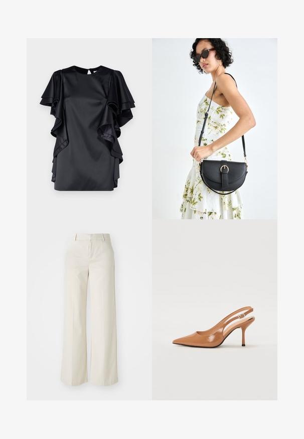 Svart satengkjole med lagdelte volangermmer og rund halslinning. Har en nøkkelhullsrygglukking og en jevn tekstur.; Bredde bukser i en lys beige farge, laget av et glatt stoff. Har en klassisk linning og flat front med rene linjer.; Spiss tå slingback hæl i et glat, glinsende brunt materiale. Har et buet utskårent design og en slank stilett hæl. Sølvspenne detalj.; Svart lærveske med en buet form, avtagbar stropp og gullbeslag. Vesken har et klaff med spenne-detall.