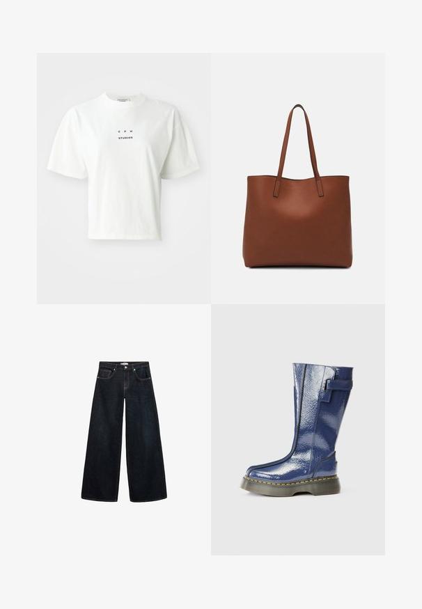 White cropped t-shirt made of cotton, featuring short sleeves, a round neck, and a black printed logo that reads "CPH STUDIOS" on the front.; Wide-leg dark denim jeans with a high waist, featuring contrasting stitching, front pockets, and a minimalistic design.; Blue, glossy knee-high boot with a rounded toe, side zip, and vertical seam details. Features a thick, black platform sole with yellow stitching.; Brown leather tote bag with a smooth texture, open top design, and two shoulder straps. Features minimal stitching and no visible hardware.