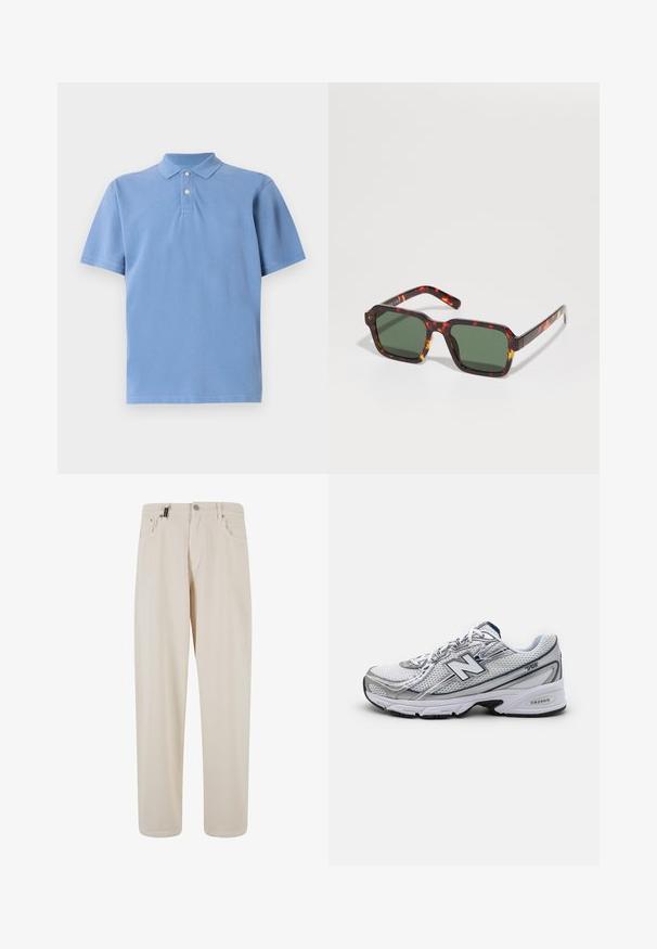 Lys blå polo skjorte laget av myk bomull, med klassisk krage, tre-knapp placket, og korte ermer med en glatt tekstur.; Beige bomullsbukser med rett ben-design, med frontlommer og knappelukking. Glatt tekstur med minimal detaljering.; New Balance treningsko med overdel i netting, hovedsakelig hvit med grå og marineblå detaljer, med en dempet såle og teksturerte detaljer.; Skilpadde-brune solbriller med firkantede rammer, grønnfargede linser og kontrasterende oransje detaljer langs kantene av armene.