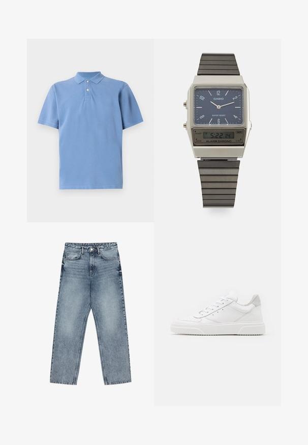 Svetlo modra polo majica iz mehkega bombaža, z začrtanim ovratnikom, plastronskim zapenjanjem z tremi gumbi in kratkimi rokavi s gladko teksturo.; Svijetloplave traperice s ravnim krojem, vidljivim šavovima, dizajnom od pet džepova i kopčanjem na gumbu u struku.; Bele usnjene športne copate z gladkim zaključkom, okroglo konico, ravnimi vezalkami in teksturiranim podplatom. Sivi semiš detajl na peti.; Casio digitalna ura z modrim številčnikom, srebrnim ohišjem in večplastnim črnim gumijastim trakom. Prikazuje čas in nastavitve alarma. Vodoodporna.