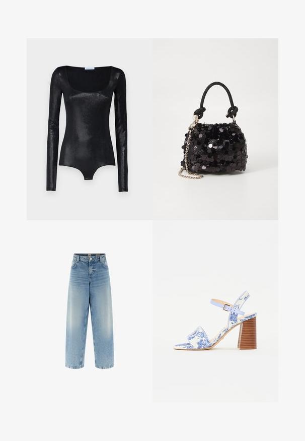 Langärmliger schwarzer Body aus glattem, glänzendem Stoff mit Karree-Ausschnitt und taillierter Silhouette. Minimale Hardware und keine sichtbaren Muster.; Weite blaue Denim-Jeans mit hoher Taille, hellen Waschung, dezentem Verblassen, doppelt genähten Nähten und einem Knopfverschluss vorne.; Blaue sandaletten mit Blumenmuster, quadratischer Zehenpartie, breitem Riemen und verstellbarem Knöchelriemen, ausgestattet mit einem strukturierten Holzblockabsatz.; Schwarze Pailletten-Mini-Handtasche mit einem geknoteten, strukturierten Tragegurt und einer silbernen Kette. Abgerundete Form mit gerafftem oberen Teil und reflektierenden Details.