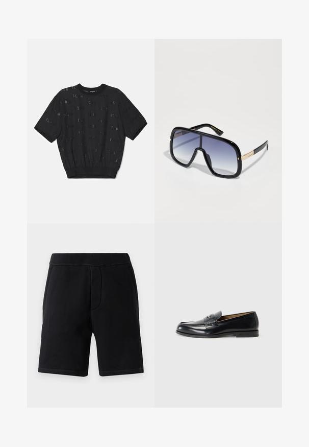 Musta lyhythihainen neule, jossa on teksturoitu kangas, ribbaushelma ja koko vartalon alueella on ripoteltu paljettilaatuja.; Mustat urheilushortsit, jotka on valmistettu pehmeästä materiaalista; niissä on joustava vyötärö, kaksi sivutaskua ja erottuva ommel.; Nahka loaferit mustana, jossa on sileä pinta, pyöreä kärki, koristeelliset tikkaus ja pieni metallikoriste edessä.; Ylihuomattavat mustat aurinkolasit, joissa on liukuväri violetti linssi, kiiltävä pinta ja kultaiset yksityiskohdat temppeleissä. Suorakaiteen muotoinen kehys.