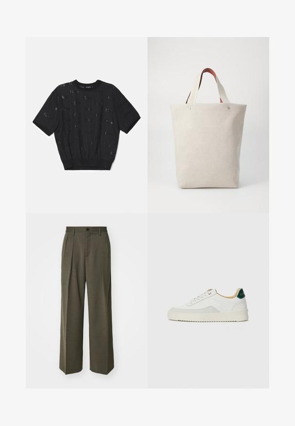 Zwarte trui met korte mouwen van gestructureerde stof, met een geribde zoom en verspreide, glinsterende letters over het hele lichaam.; Filippa K WIDE TROUSERS - Broek - driftwood; Witte sneaker met suède accenten, ronde neus, platte veters en een crème rubberen zool. Bevat groene branding op de hiel.; Tasje van lichtbeige stof met een gestructureerde afwerking, voorzien van twee contrasterende bruine leren handgrepen en metalen accenten aan de bovenkant.