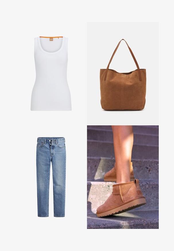 Tricou fără mâneci alb cu un guler rotund, având un accent portocaliu contrastant pe gulerul interior și o siluetă ajustată.; Jeans din denim de un albastru deschis, cu croi drept, design cu cinci buzunare și închidere cu buton. Prezintă decolorări subtile și cusături accentuate de culoare portocalie.; Botine bej din suede cu o textură moale, detalii cusute și o talpă din cauciuc, având un călcâi cu buclă pentru o utilizare ușoară.; Geantă tote din suede maro, cu două mânere lungi, caracterizată printr-o textură netedă, un design simplu și fără accesorii sau elemente metalice vizibile.