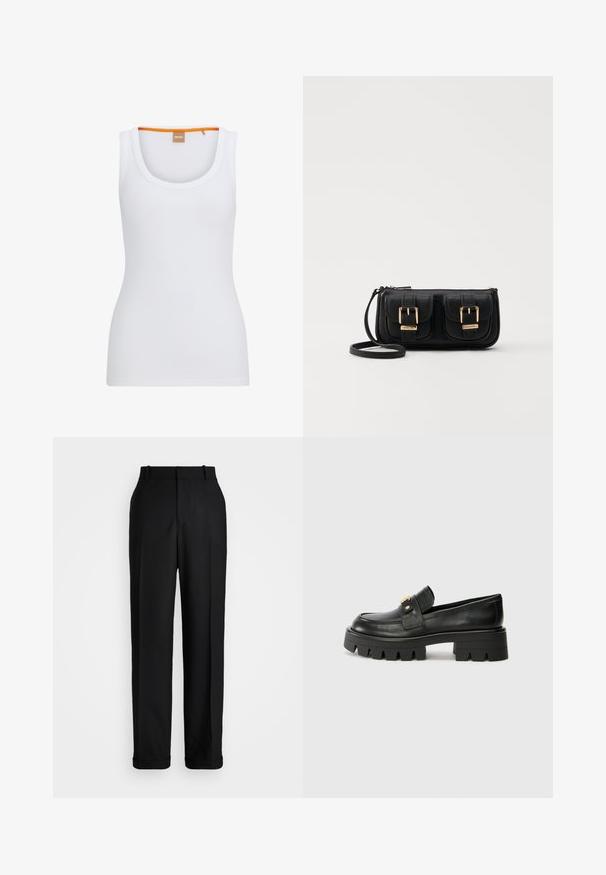 Hvid ribbet tanktop med rund halsudskæring, der har en kontrasterende orange detalje på den indvendige krave og tætsiddende silhuet.; Polo Ralph Lauren HIGH RISE RELAXED STRAIGHT TROUSER - Bukser - black; Sorte læder loafers med en kraftig sål, prydet med en guldfarvet detalje på fronten og en glat finish. Kraftigt mønster designet på sålen.; Sort læder crossbody taske med to frontlommer, guldspænder, lynlåslukning og en slank rem. Struktureret overflade og kompakt rektangulær form.