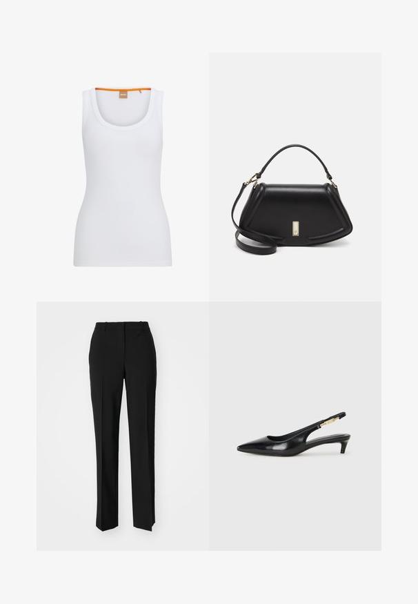 Witte geribde tanktop met een ronde halslijn, met een contrasterende oranje accent op de binnenste kraag en een getailleerde pasvorm.; Zwarte op maat gemaakte broek met een recht model, voorzien van een soepele textuur en scherpe plooien aan de voorkant. Geen zichtbare hardware.; Zwarte leren slingback hakken met een spitse neus, voorzien van een slanke hak en een goudkleurige accent op de verstelbare band. Gladde textuur.; Zwarte leren handtas met een gestructureerd ontwerp, featuring een verkorte vorm, bovenhandvat en gouden hardwareaccent. Inclusief verstelbare schouderband.