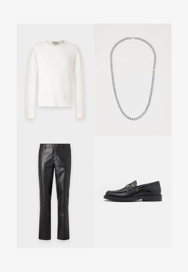 Maglia termica bianca a maniche lunghe con texture a costine, scollo rotondo e polsini bordati. Design pulito senza motivi o ulteriori dettagli.; Pantaloni in pelle nera con una texture liscia, design a gamba dritta e cuciture sottili lungo le cuciture. Presentano una chiusura con bottone in vita.; Mocassini in pelle nera con punta rotonda, dotati di accentuazione in metallo dorato e dettagli di cucitura, posizionati su una suola in gomma testurizzata bassa.; DARKAI TENNIS LONG UNISEX - Collana - silver-coloured