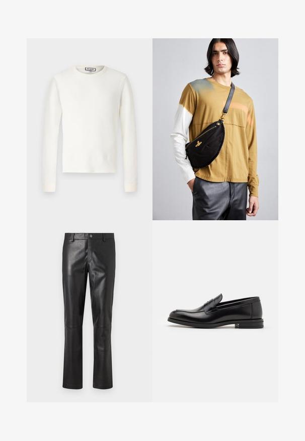 Valge pika varrukaga termisärk, millel on ribakujuline tekstuur, ümar kaelus ja elastsed mansetid. Puhtad jooned, ilma mustrite ja lisadega.; Mustad nahkpüksid suju pinnaga, sirge säärega disain ja peen õmblus õmbluste ümber. Omab nupuga kinnitust vöökoht. ; Mustad mustad nahast loafers sileda tekstuuriga, ümarat ninaosa ja dekoratiivne riba vampi üle. Madal kihiline konts, minimalistlik disain.; Vivienne Westwood CITY BUMBAG UNISEX - Puusakott - black