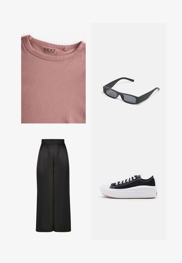 Långärmad t-shirt i dammrosa, tillverkad av mjuk bomull, med en enkel rund halsringning och en slät textur. Etiketten säger "NEXT."; Svarta vida byxor i slät, glänsande tyg med resårmidja och utan synliga fickor eller hårdvarudetaljer.; Svarta kanvas sneakers med vita snören, vit gummitå och en kraftig vit mellansula. Har subtila vita sömmar och en gummisula.; Svarta rektangulära solglasögon med mörka linser och tjocka matta bågar. Bågarna är något avsmalnande med en slät yta.