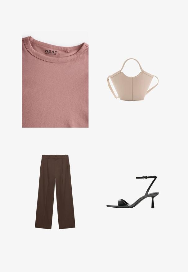 Långärmad t-shirt i dammrosa, tillverkad av mjuk bomull, med en enkel rund halsringning och en slät textur. Etiketten säger "NEXT."; Bruna vida byxor tillverkade av ett mjukt tyg, med hög midja, framtida veck och två sidofickor.; Bershka Sandaletter - black; Beige läderhandväska med en unik form, med två korta handtag och ett långt justerbart axelband. Slät textur med minimal hårdvara.
