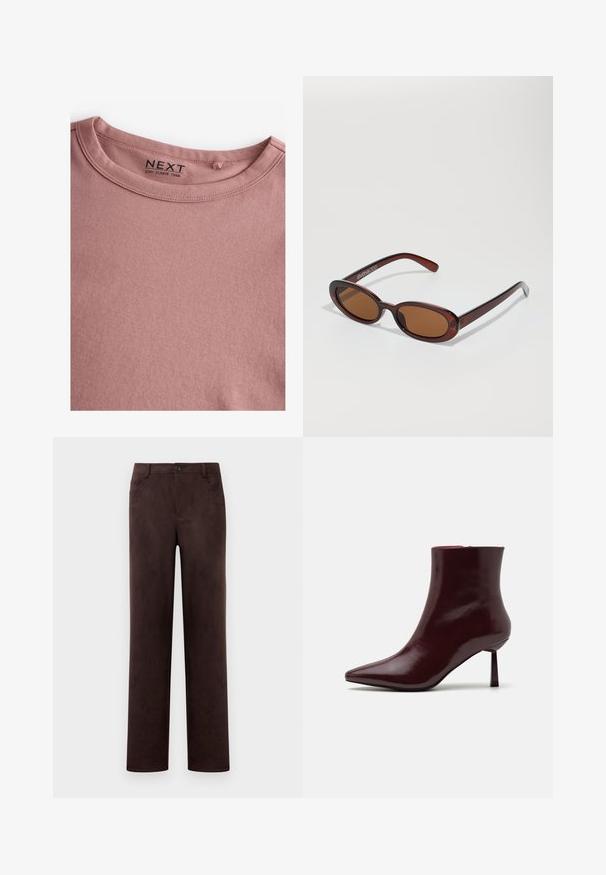 Langærmet crew-neck t-shirt i støvet rosa, lavet af blød bomuld, med en enkel rund halsudskæring og en glat tekstur. Labelen lyder "NEXT."; Mørkebrun suedebukser med lige ben, frontknap og lynlås, bæltesløjfer og sidelommer.; Bordeaux patentlæder ankelstøvle med spids tå og slank stiletto hæl, der har en glat, blank overflade og minimalistisk design.; Runde, bruntonede solbriller med en glansfuld bordeauxramme. Slanke arme med diskret brandingdetalje. Flad linsedesign.; Vævet bordeaux håndtaske med en rund form og et enkelt håndtag, der har en struktureret overflade og en elastisk snorelukning.