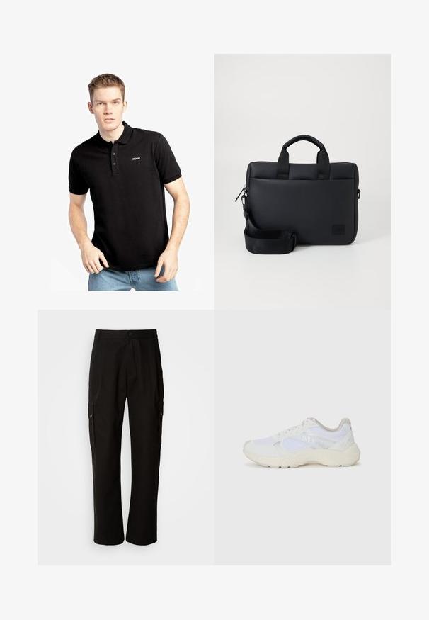 Čierna polokošeľa s golierom, krátkymi rukávmi a tromi gombíkmi. Na ľavej strane hrude sa nachádza biele logo "HUGO". Hladký bavlnený materiál.; Čierne cargo nohavice vyrobené z bavlny s voľným strihom, majú bočné vrecká, zapínanie na gombík a rovné nohavice. Jednoduchý dizajn bez vzorov.; Biele atletické topánky vyrobené z materiálov sieťoviny a semišu, s textúrovanou strednou podošvou, textúrovanými akcentmi a logom "HUGO" na boku.; Čierna textúrovaná taška na laptop s dvojitými hornými úchytmi, odnímateľným popruhom, zipsovým uzatváraním a malou nášivkou s logom pre značkovanie.