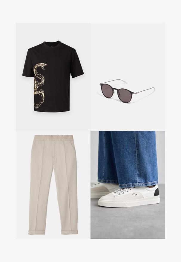 Juoda trumpa rankovė T-marškiniai, pagaminti iš medvilnės, su auksiniu gyvatės grafiniu dizainu priekyje. Apvali iškirptė ir laisvas siluetas.; Filippa K TERRY CROPPED TROUSERS - Kelnės - sage melange; Balti ir balti sportbačiai su lygaus odos paviršiumi, tekstūruotais akcentais ir masyviu baltu padu. Turi klasiką primenančią raištelių užsegimo sistemą.; Juodos apvalios saulės akinių su tamsiais lęšiais ir plonomis metalinėmis šakomis. Įtraukti skaidrūs šventyklų galai ir sidabriniai akcentai vyrio srityje. Minimalistinis dizainas.