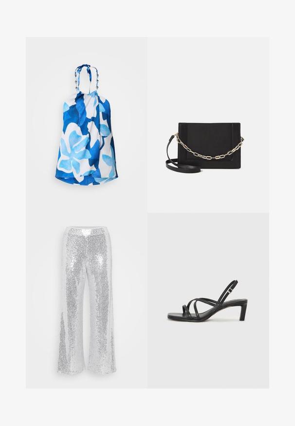 Zilā un baltā haltera blūze ar lieliem ziedu rakstiem, teksturētu audumu un pērlīšu akcentiem ap kaklu papildu detaļām.; Sudraba sekmju platām kājām biksēm ar augstu jostasvieta. Audums mirdz un atspoguļo gaismu, tam ir gluda, spīdīga tekstūra.; Melnas strappy sandales ar kvadrātveida purngaliem un zemu bloku papēdi. Ievērojamas ar vairākiem plāniem siksniņām un regulējamu potītes siksniņu. Izgatavotas no gludas ādas.; Melna ādas crossbody soma ar gludu faktūru, taisnstūrveida formu un metalizētu ķēdes detaļu priekšā. Iekļauta regulējama siksna.